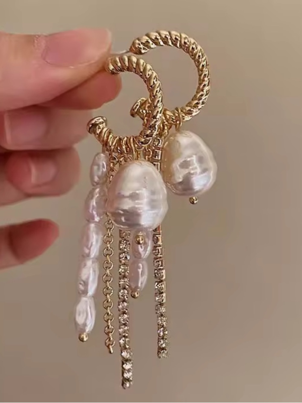 Gold and Pearl Fringe Hoop Earrings